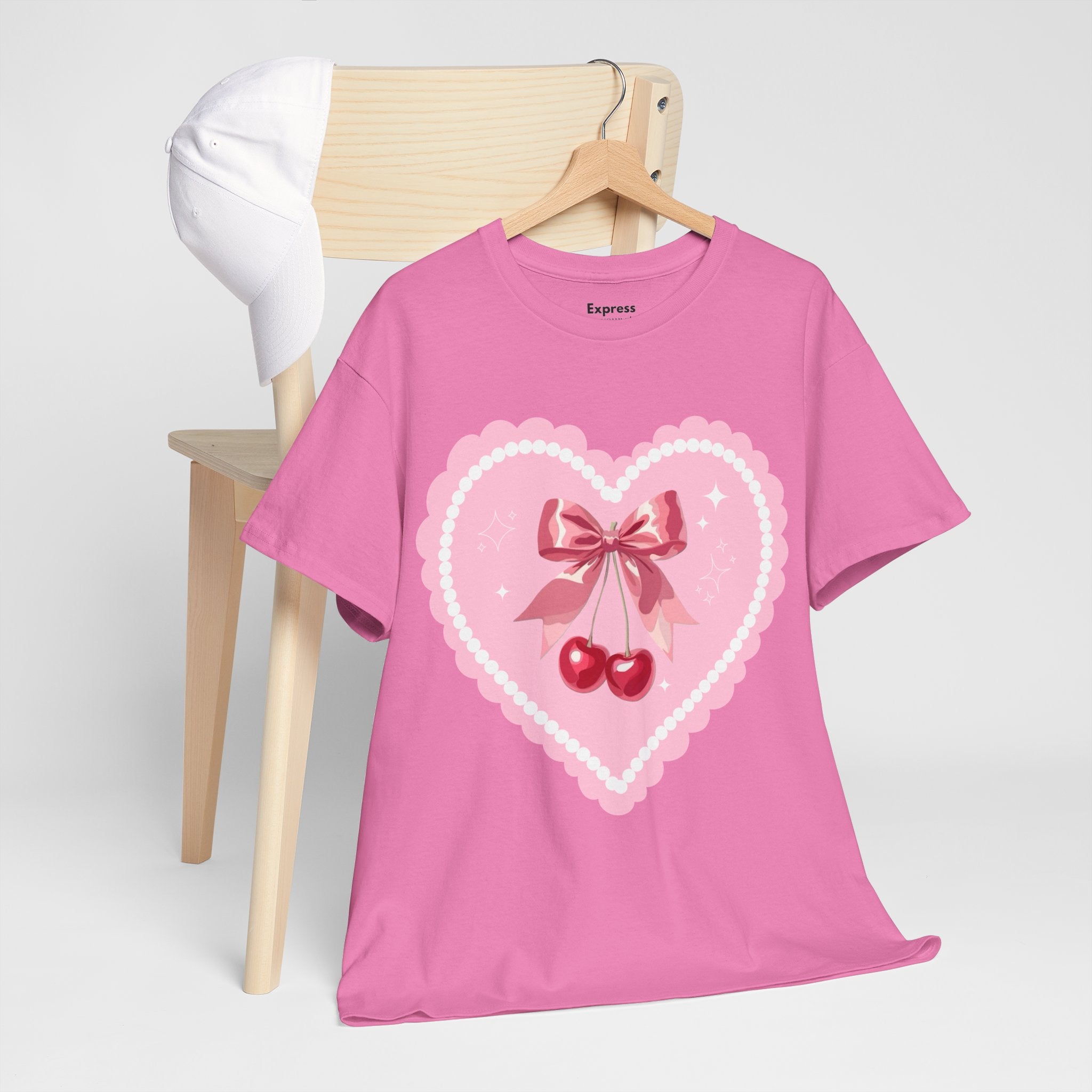 Pink Heart Cherry Graphic Tee — Cute Kawaii Valentine Shirt