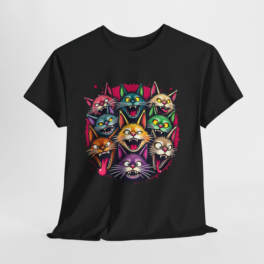 Colorful Party Cats T‑Shirt — Neon Cat Faces Graphic Tee