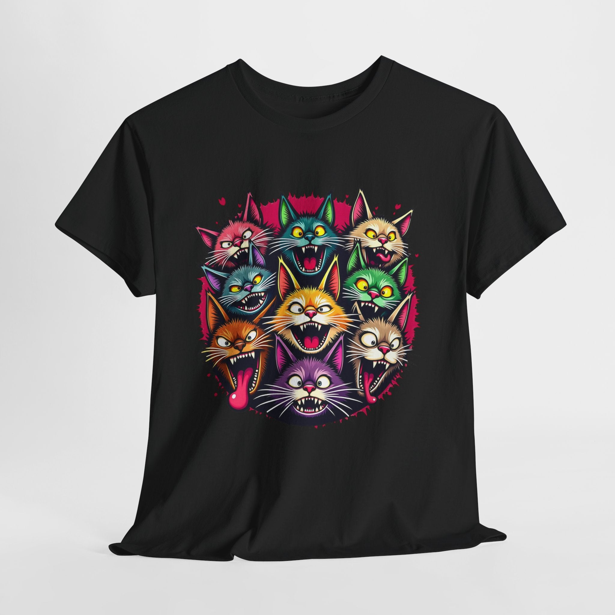 Colorful Party Cats T‑Shirt — Neon Cat Faces Graphic Tee