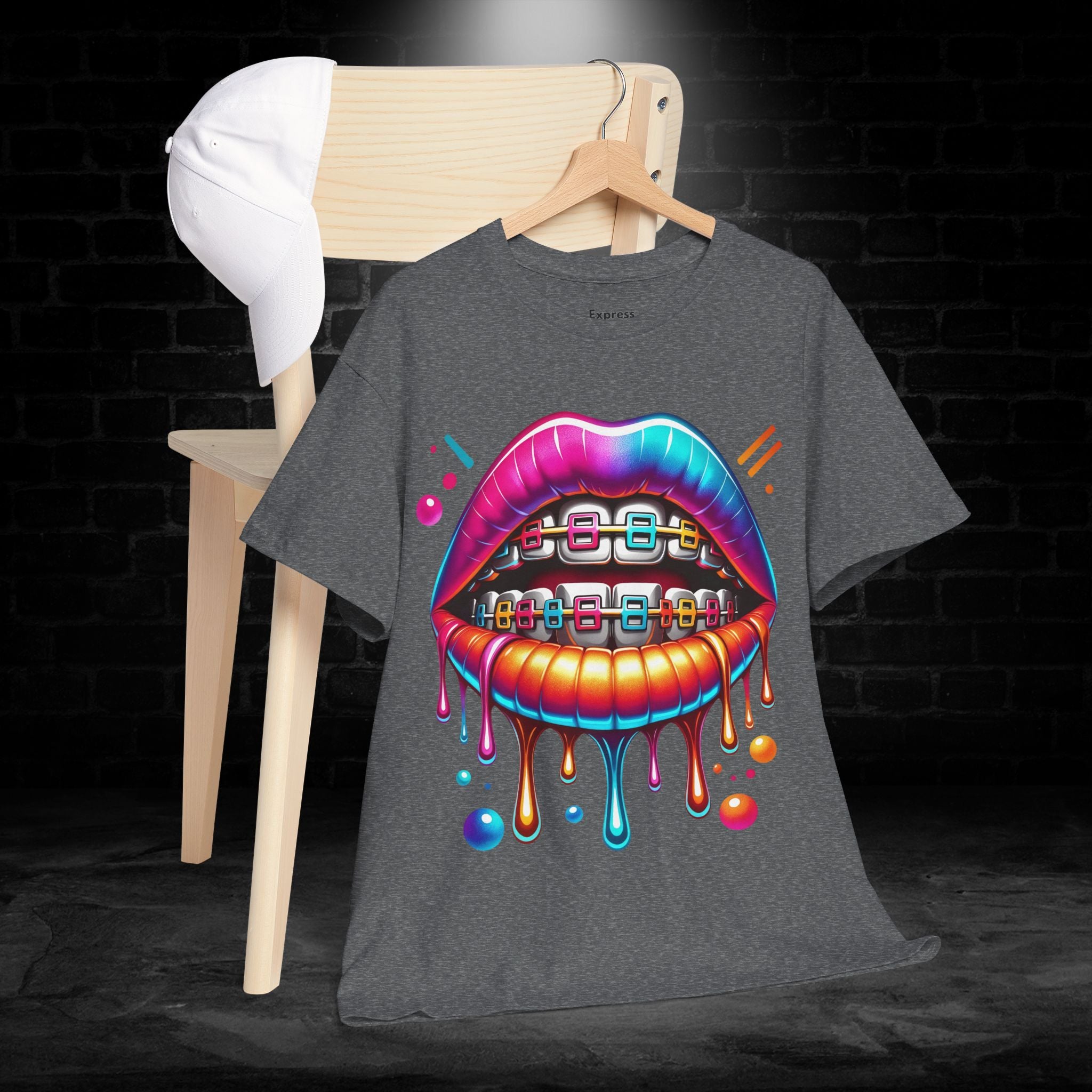 Colorful Dripping Lips Tee with Braces – Neon Pop Graphic T-Shirt