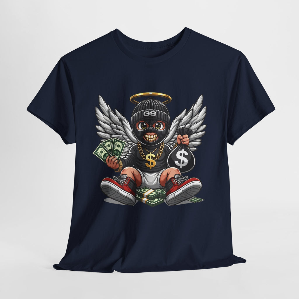 Money Angel Baby Tee — Streetwear Graphic T-Shirt with Winged Baby, Dollar Bag & Halo