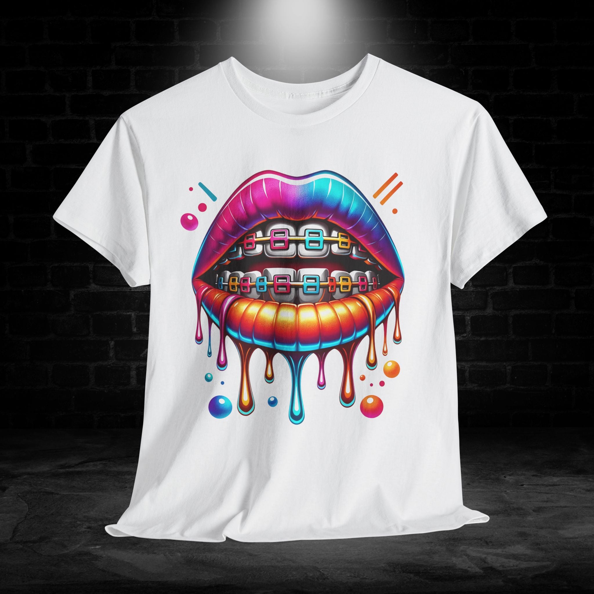 Colorful Dripping Lips Tee with Braces – Neon Pop Graphic T-Shirt