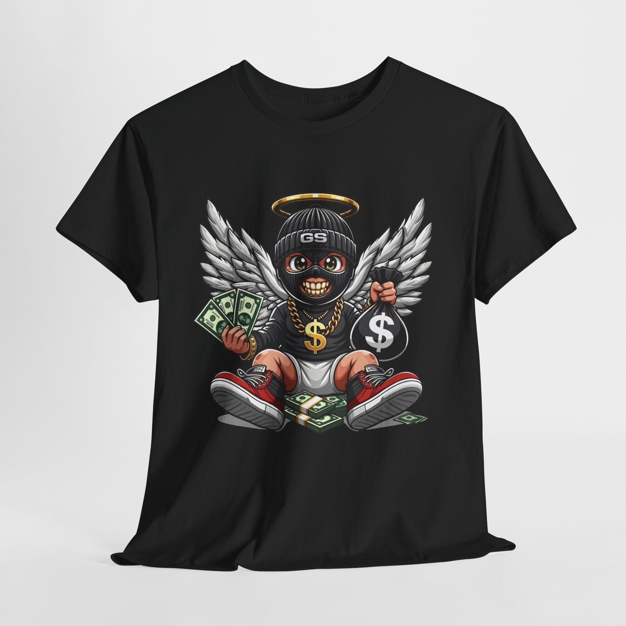 Money Angel Baby Tee — Streetwear Graphic T-Shirt with Winged Baby, Dollar Bag & Halo