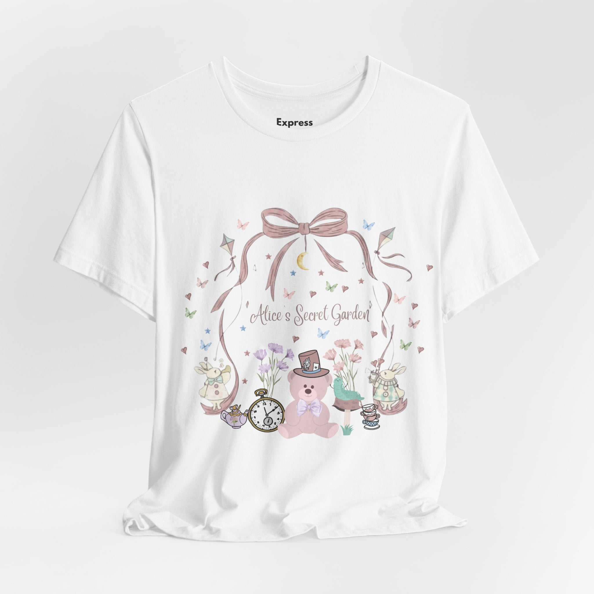 Cute Pastel Teddy Garden T‑Shirt — "Alice in Sweet Garden" Cute Vintage Teacup & Clock Design
