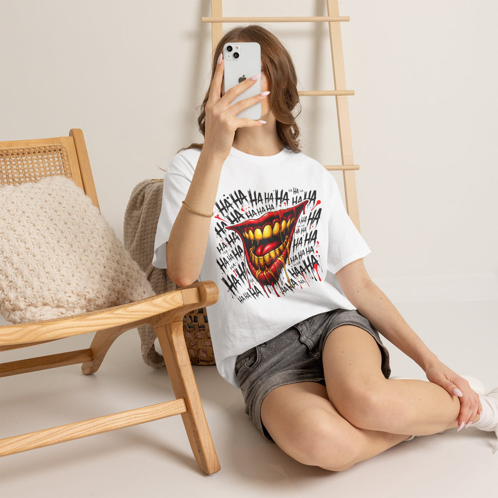Laughing Mouth Graphic Tee — Horror Joker 'HA HA' Dripping Smile T-Shirt