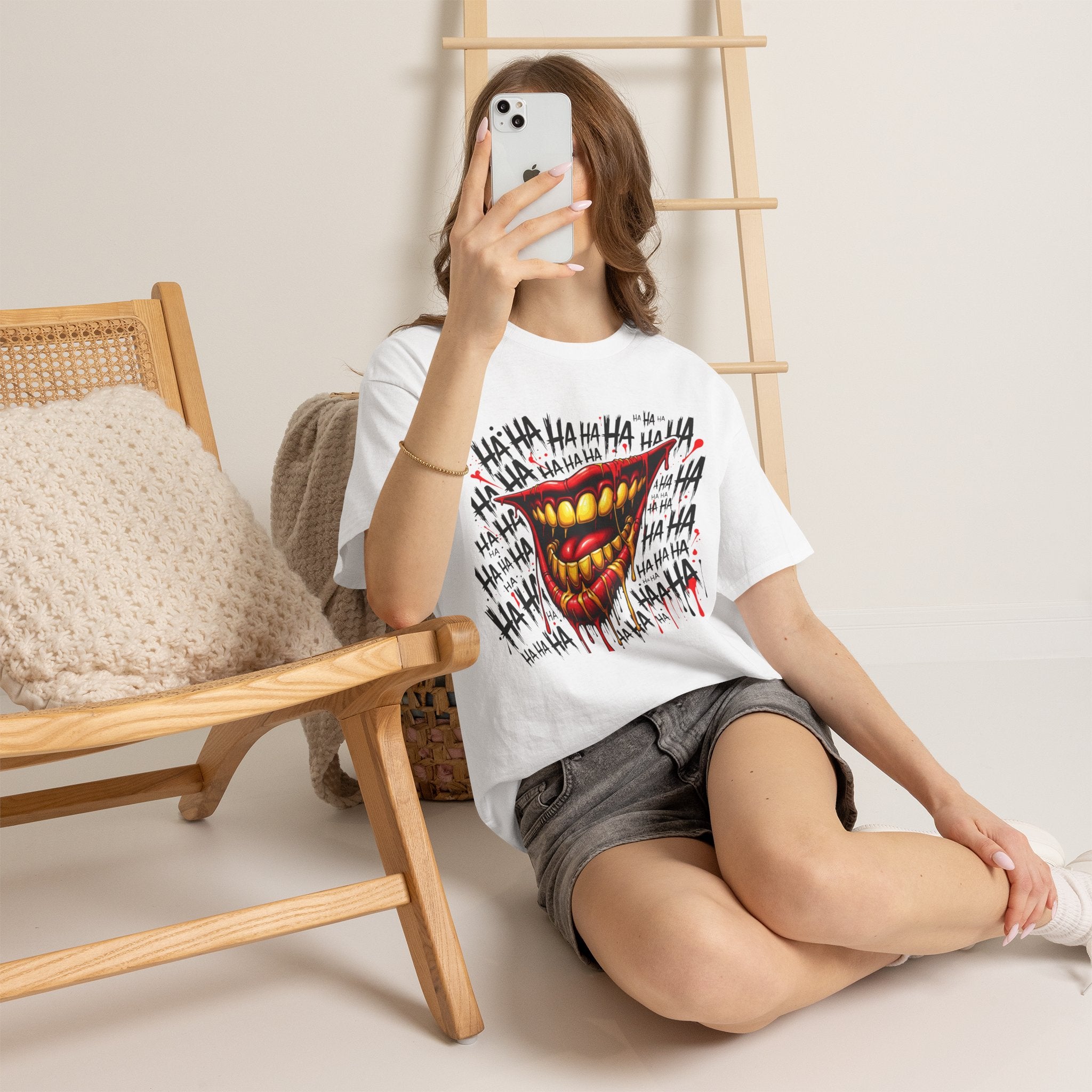 Laughing Mouth Graphic Tee — Horror Joker 'HA HA' Dripping Smile T-Shirt