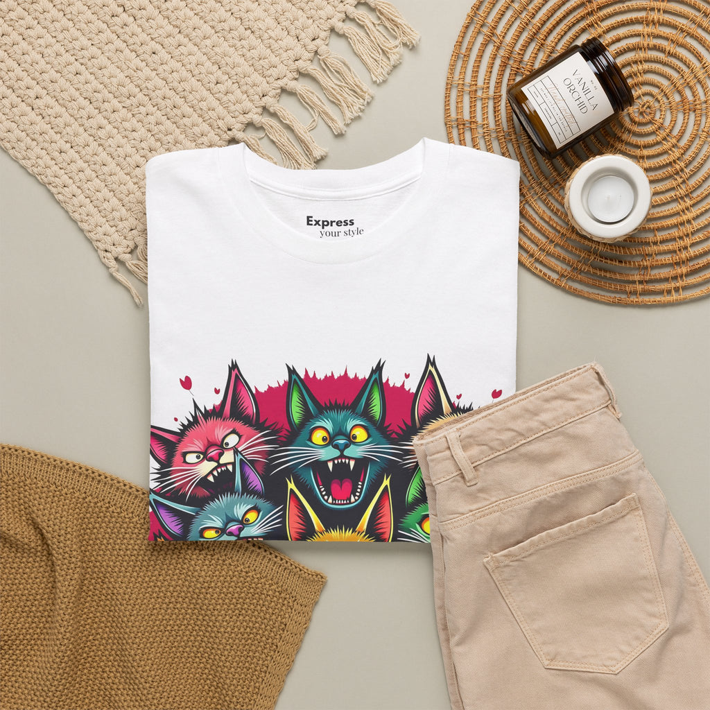 Colorful Party Cats T‑Shirt — Neon Cat Faces Graphic Tee