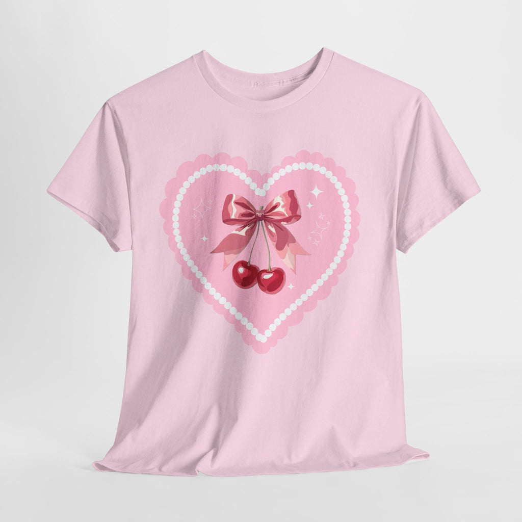Pink Heart Cherry Graphic Tee — Cute Kawaii Valentine Shirt