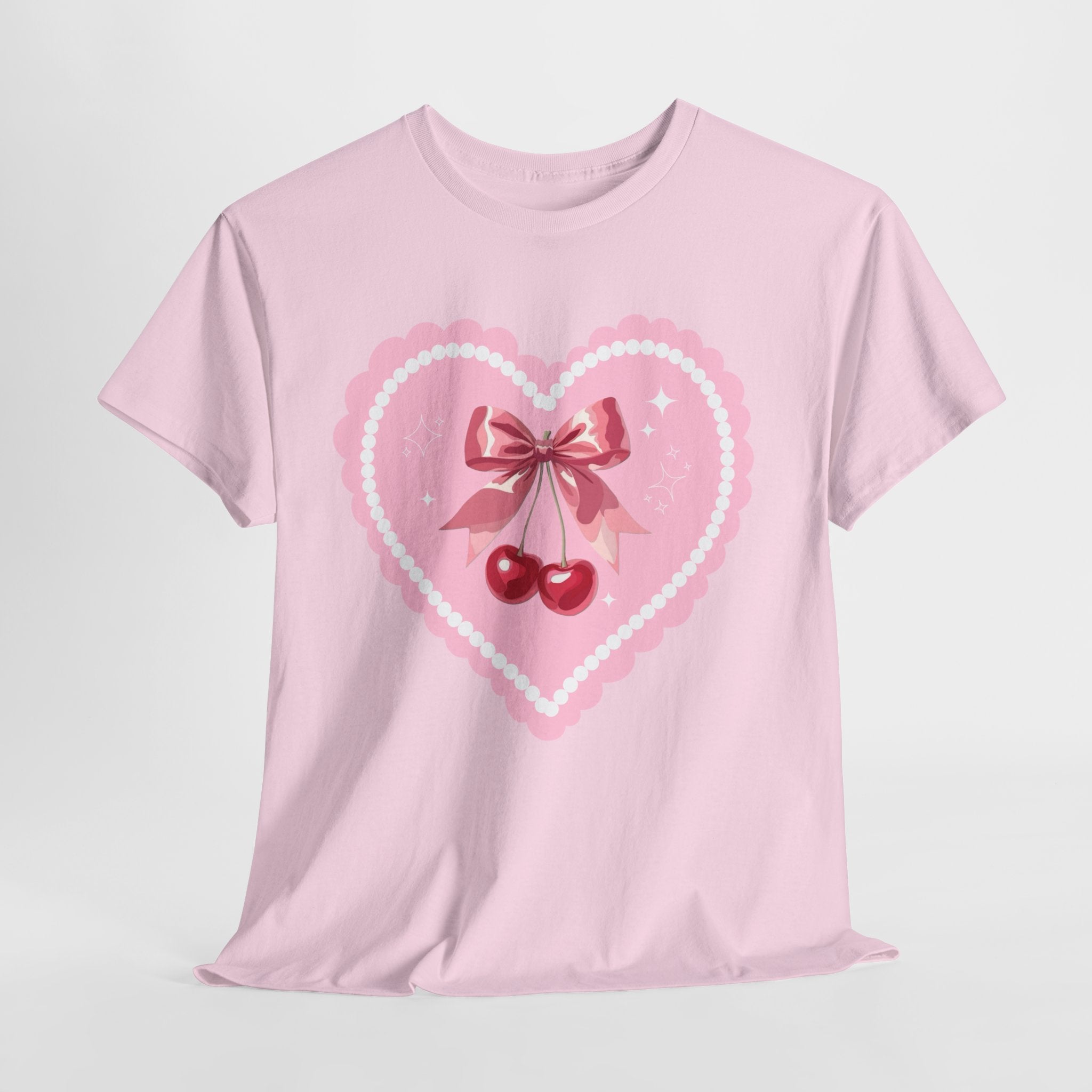 Pink Heart Cherry Graphic Tee — Cute Kawaii Valentine Shirt