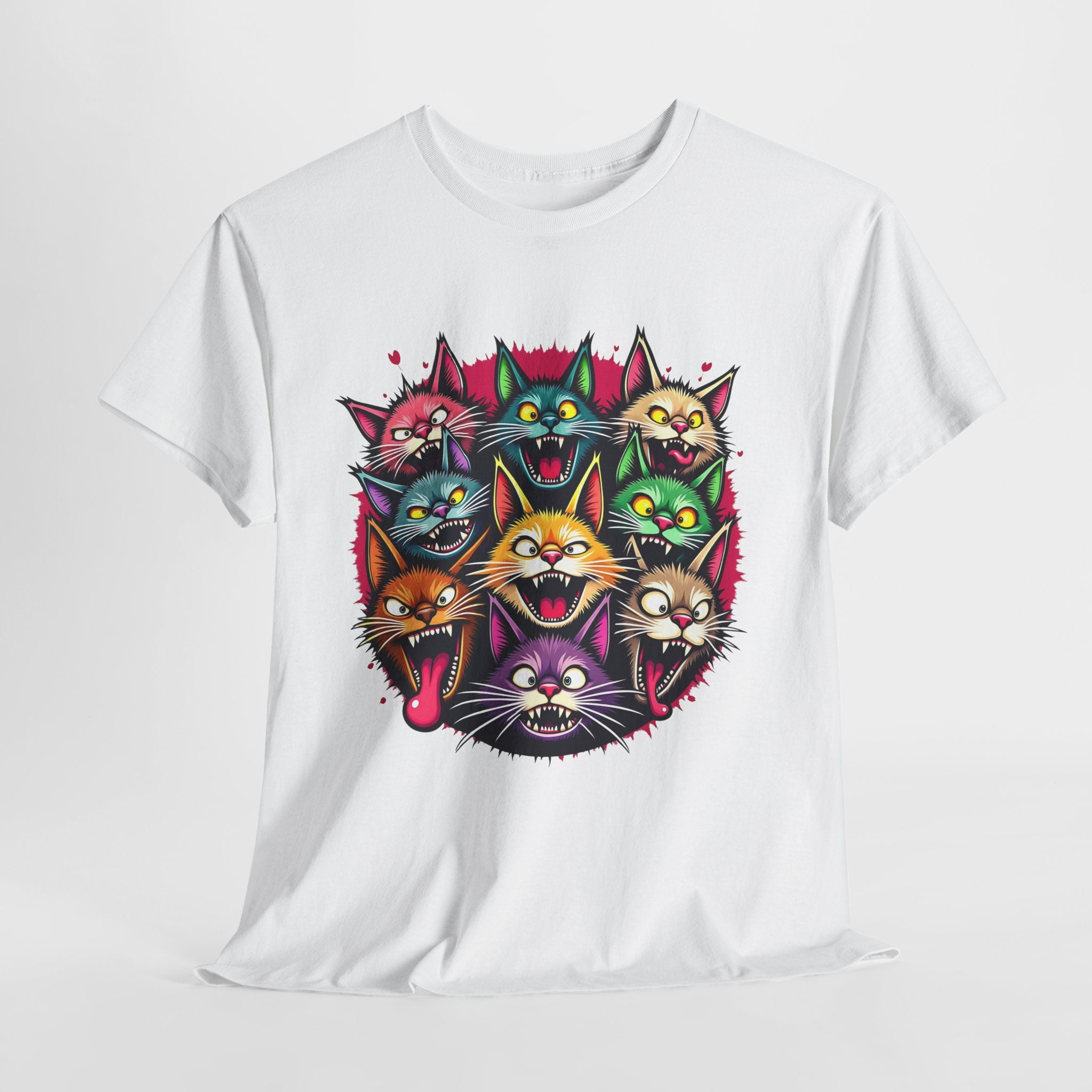 Colorful Party Cats T‑Shirt — Neon Cat Faces Graphic Tee