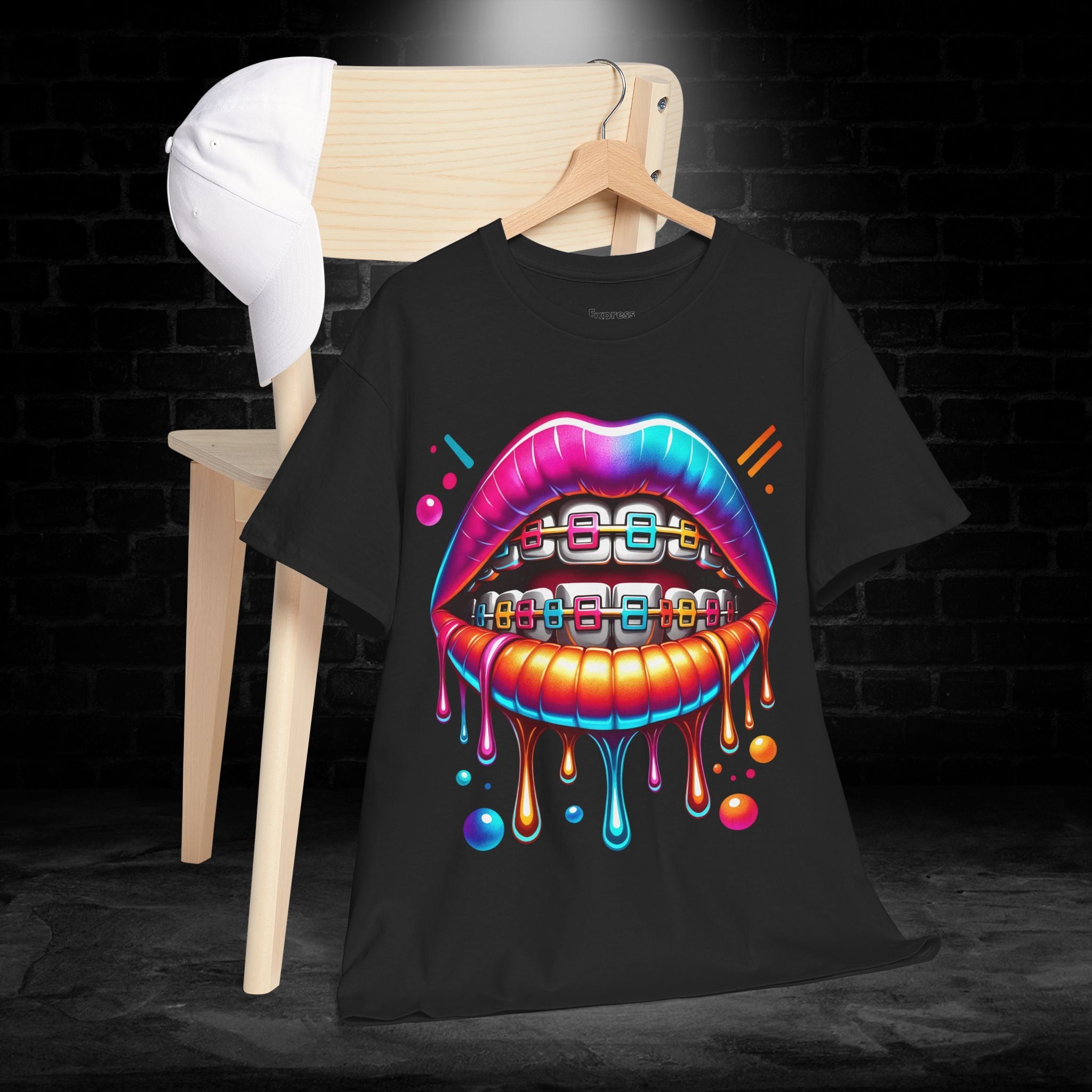 Colorful Dripping Lips Tee with Braces – Neon Pop Graphic T-Shirt