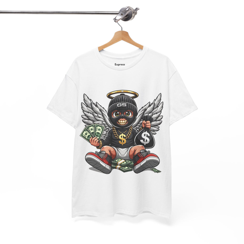 Money Angel Baby Tee — Streetwear Graphic T-Shirt with Winged Baby, Dollar Bag & Halo