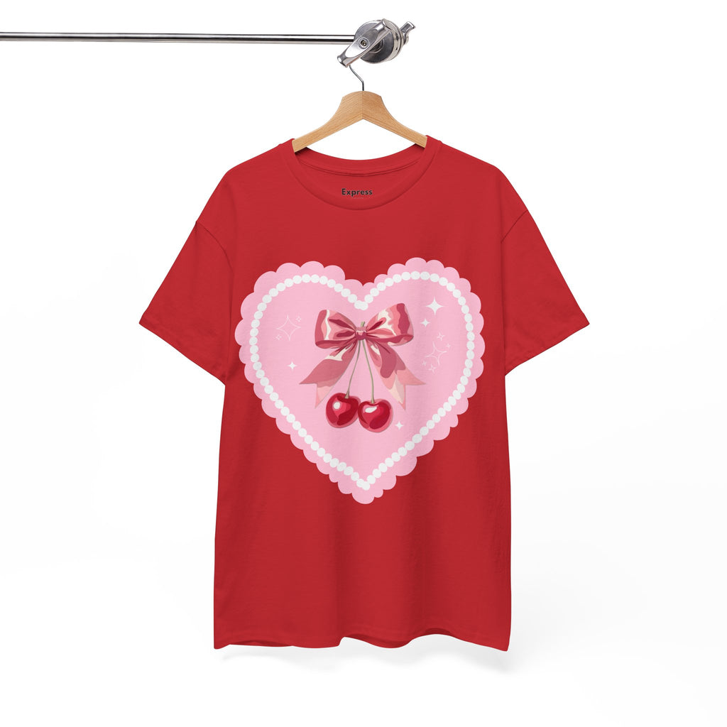 Pink Heart Cherry Graphic Tee — Cute Kawaii Valentine Shirt