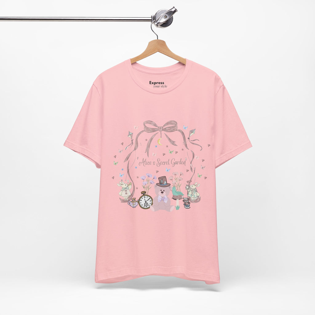 Cute Pastel Teddy Garden T‑Shirt — "Alice in Sweet Garden" Cute Vintage Teacup & Clock Design