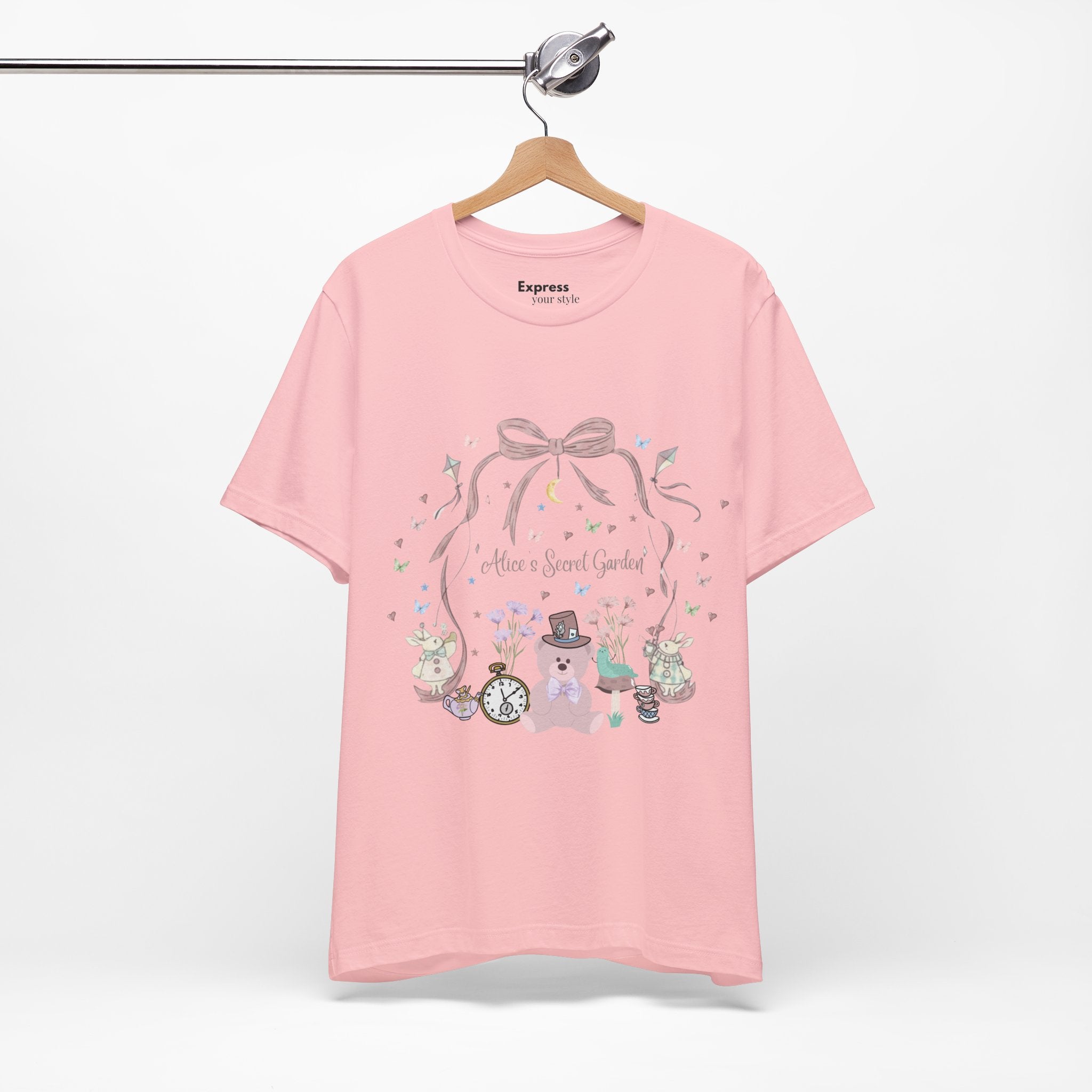 Cute Pastel Teddy Garden T‑Shirt — "Alice in Sweet Garden" Cute Vintage Teacup & Clock Design