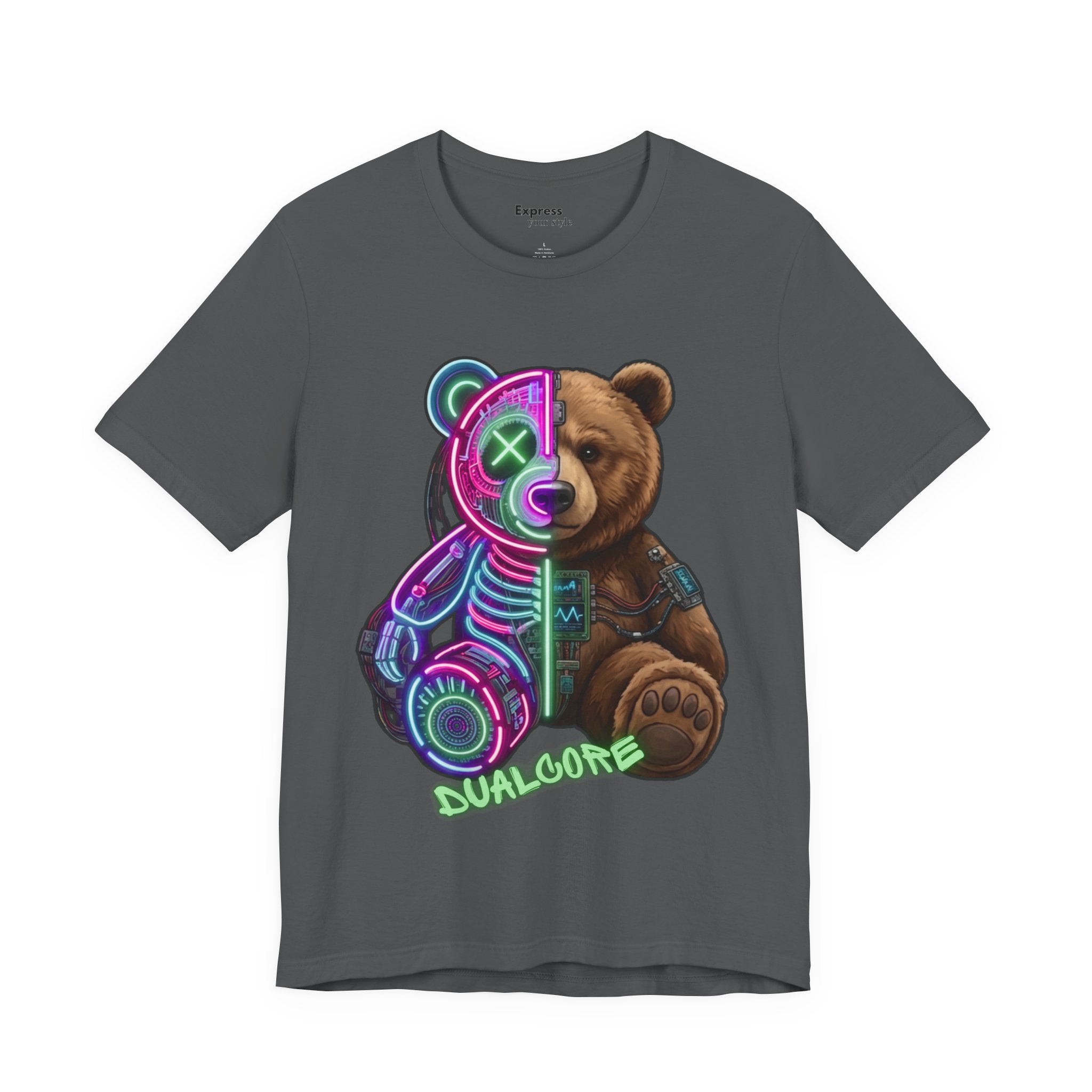 Dualcore Teddy T‑Shirt — Neon Cyberpunk Bear Graphic Tee