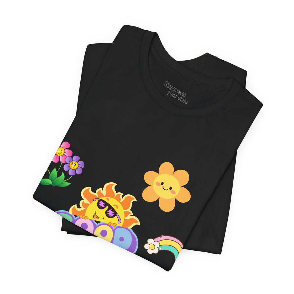 Good Vibes Floral Tee — Retro Smiley Sun & Rainbow Graphic T‑Shirt