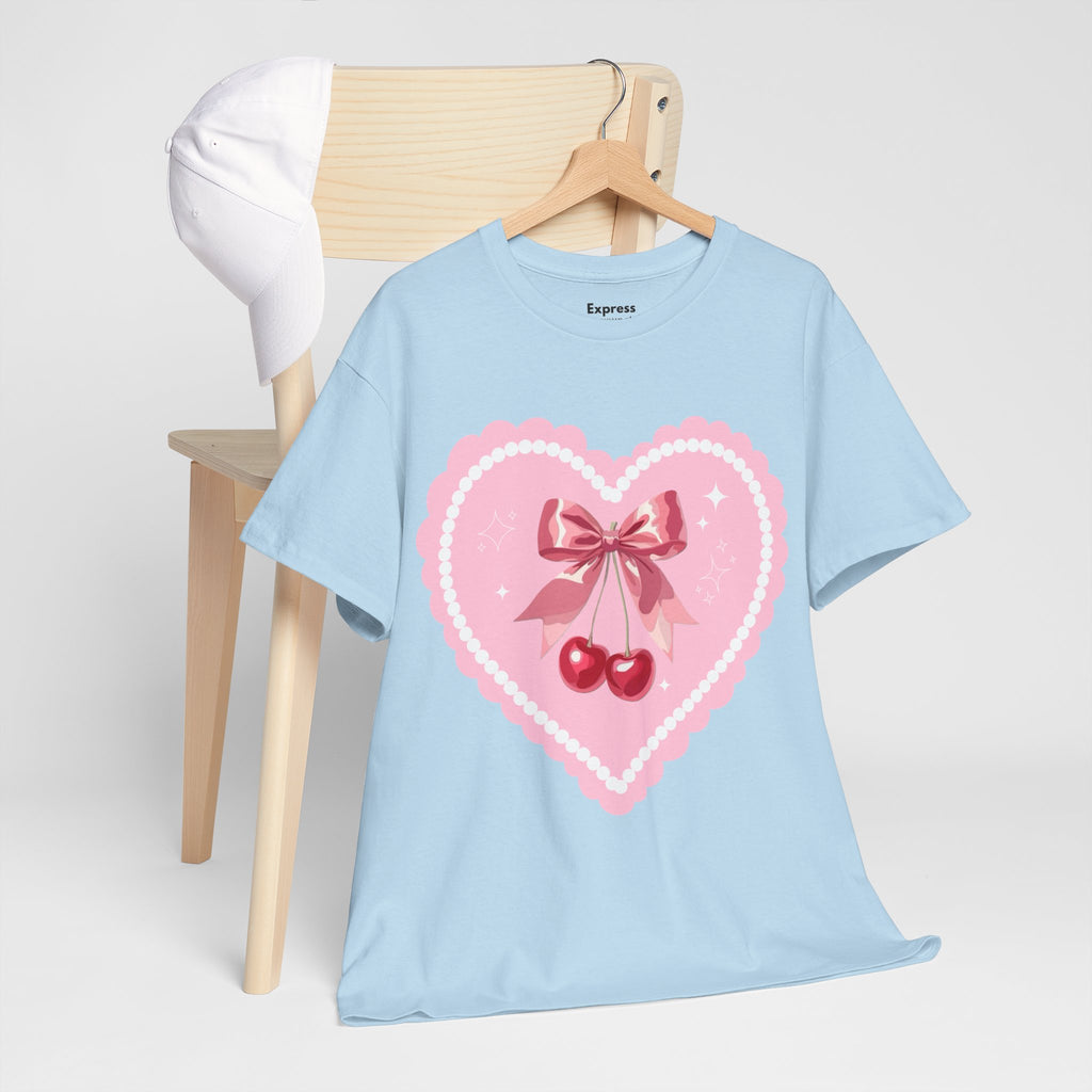 Pink Heart Cherry Graphic Tee — Cute Kawaii Valentine Shirt