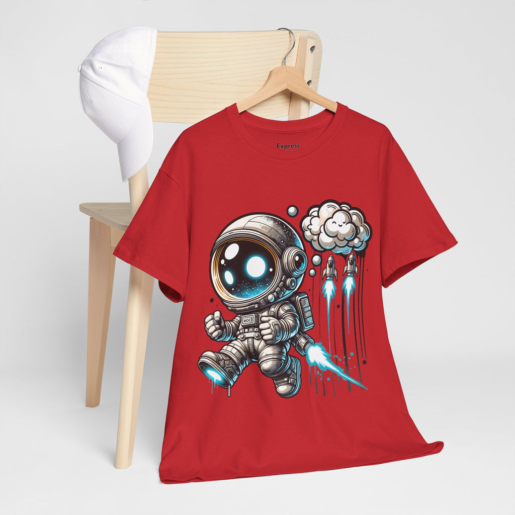 Astronaut Cartoon T-Shirt — Cute Space Explorer Tee with Jetpack & Cloud Rocket
