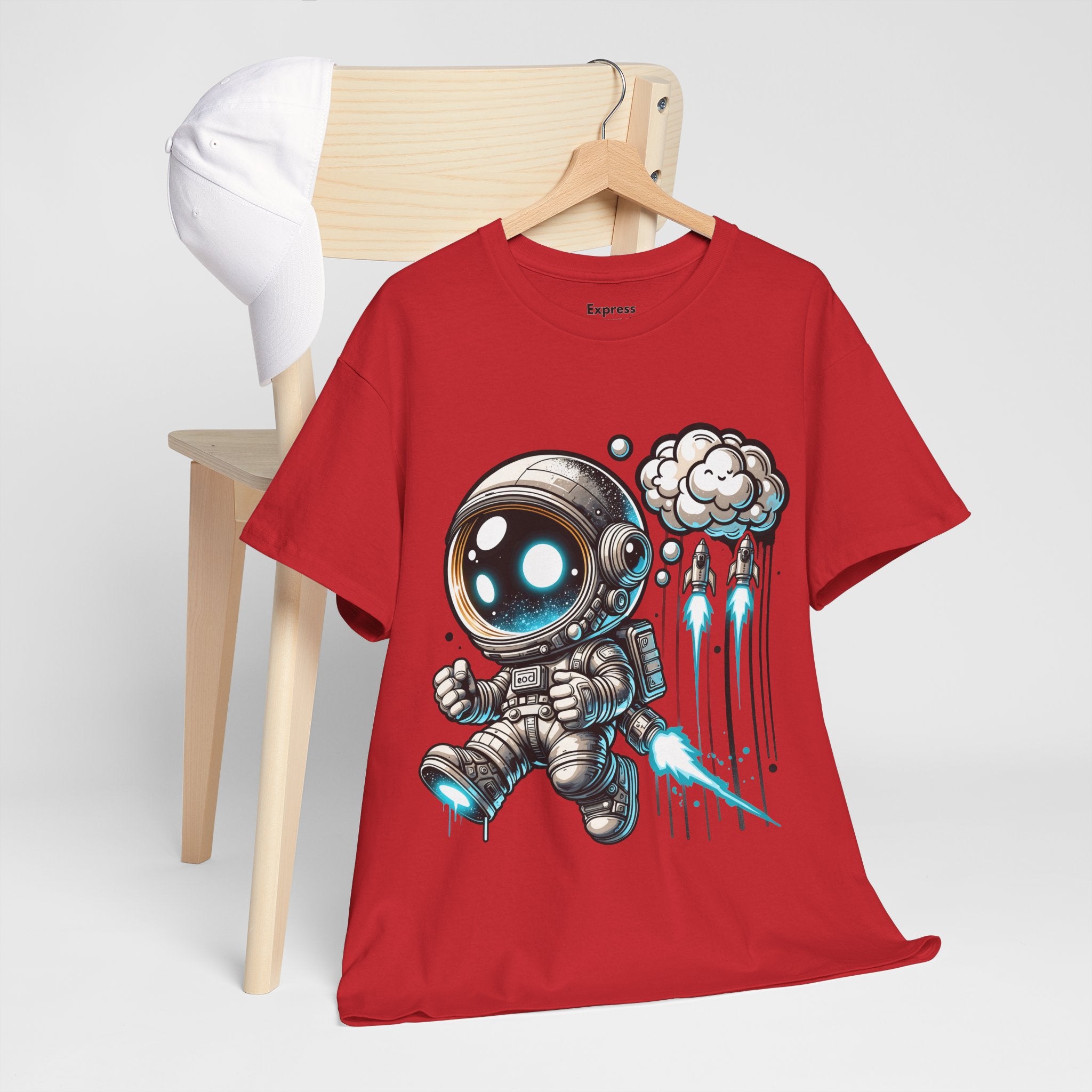 Astronaut Cartoon T-Shirt — Cute Space Explorer Tee with Jetpack & Cloud Rocket