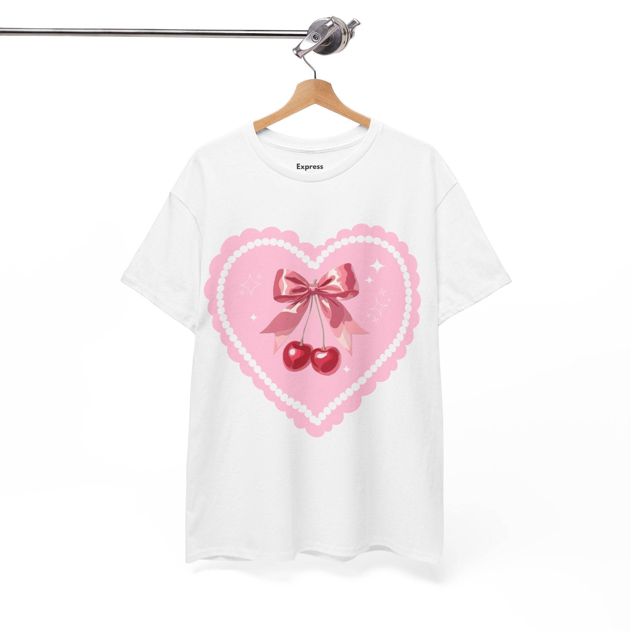 Pink Heart Cherry Graphic Tee — Cute Kawaii Valentine Shirt