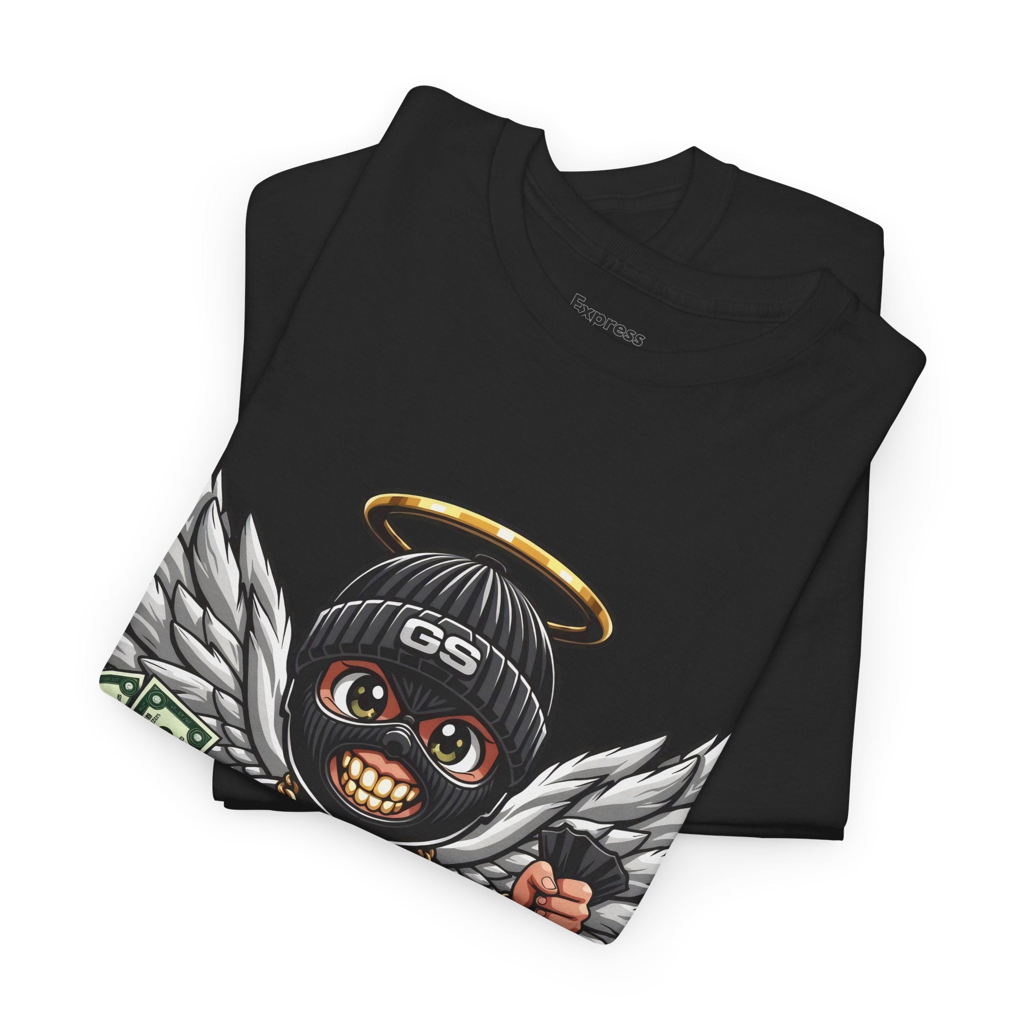 Money Angel Baby Tee — Streetwear Graphic T-Shirt with Winged Baby, Dollar Bag & Halo