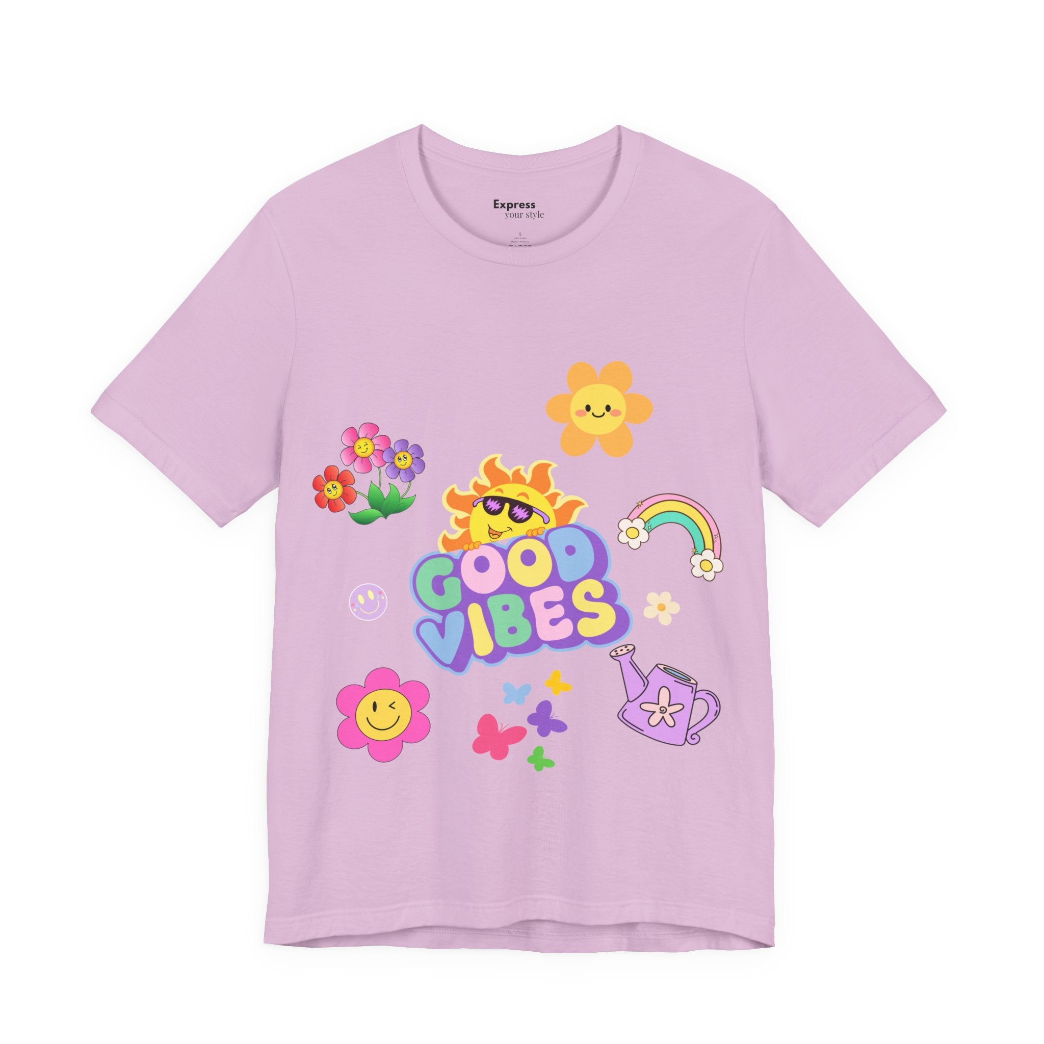 Good Vibes Floral Tee — Retro Smiley Sun & Rainbow Graphic T‑Shirt