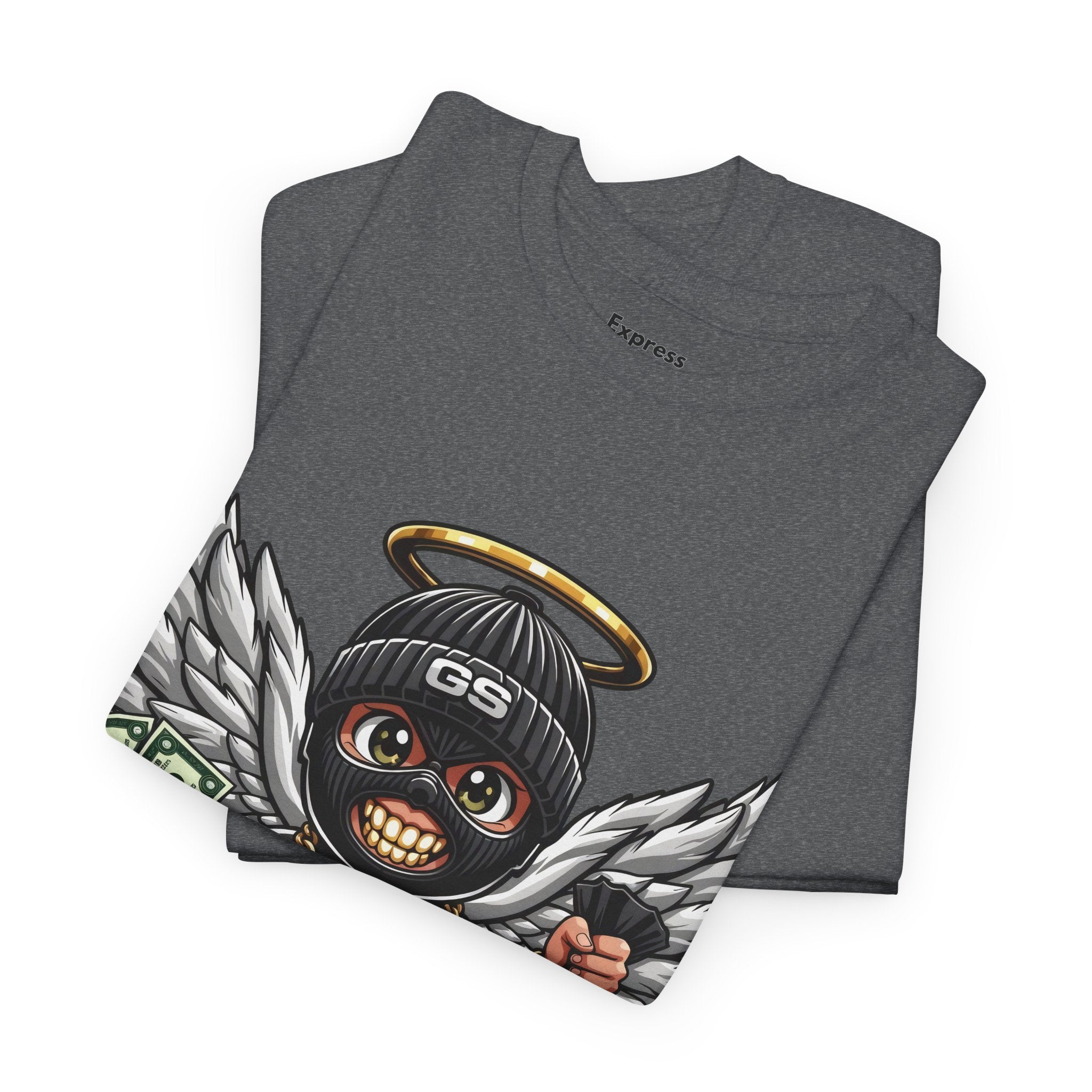 Money Angel Baby Tee — Streetwear Graphic T-Shirt with Winged Baby, Dollar Bag & Halo