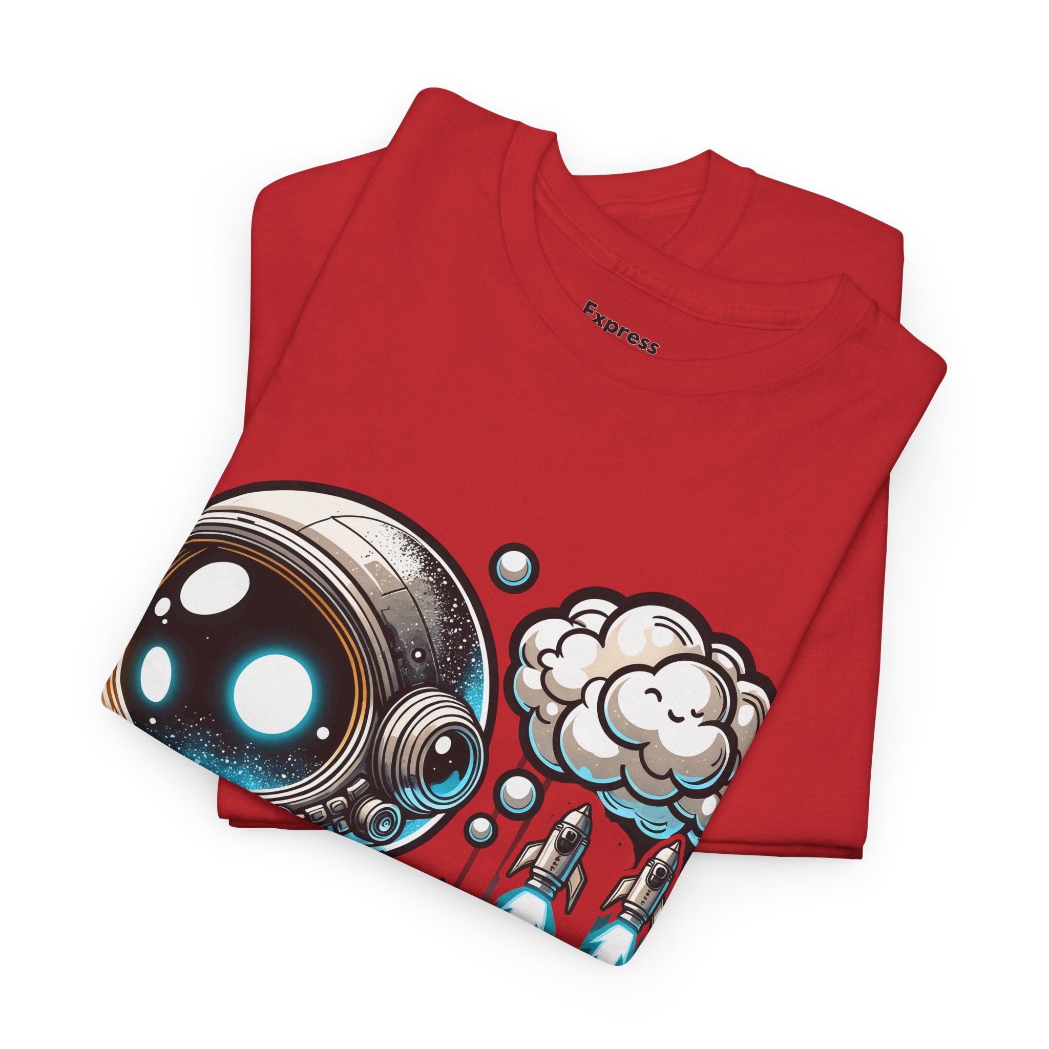 Astronaut Cartoon T-Shirt — Cute Space Explorer Tee with Jetpack & Cloud Rocket