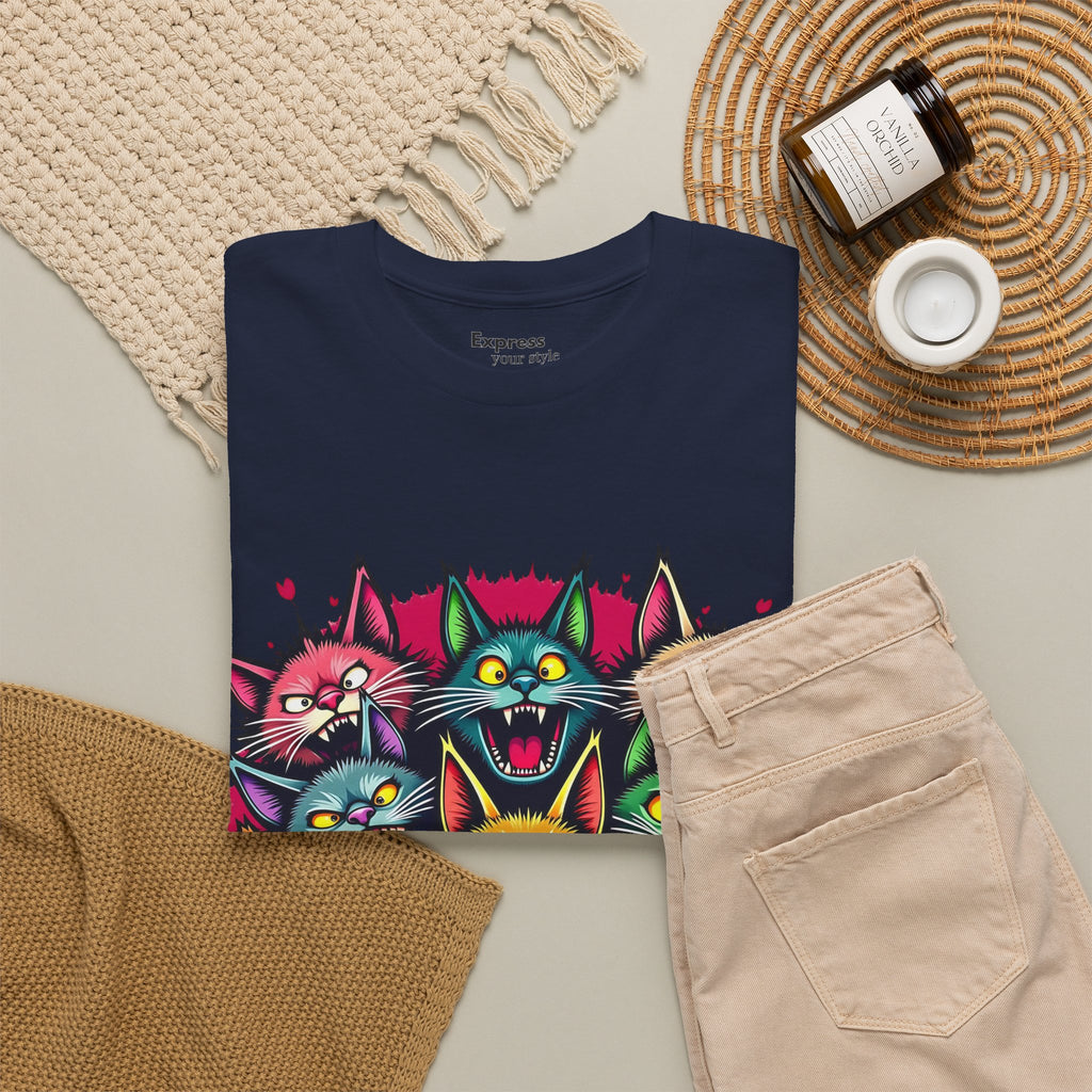 Colorful Party Cats T‑Shirt — Neon Cat Faces Graphic Tee
