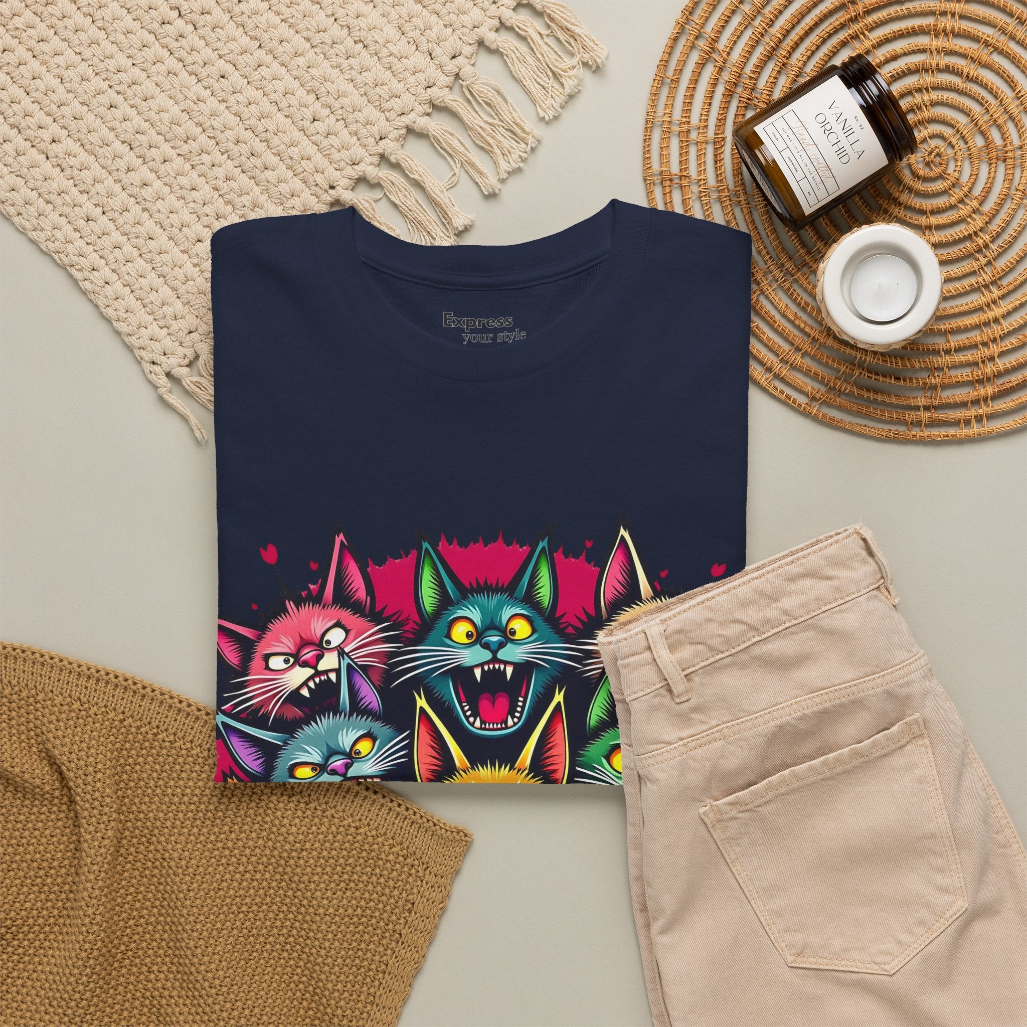 Colorful Party Cats T‑Shirt — Neon Cat Faces Graphic Tee