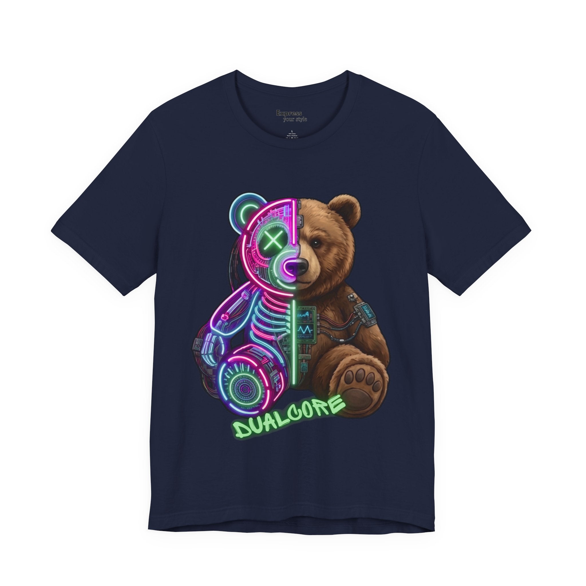 Dualcore Teddy T‑Shirt — Neon Cyberpunk Bear Graphic Tee