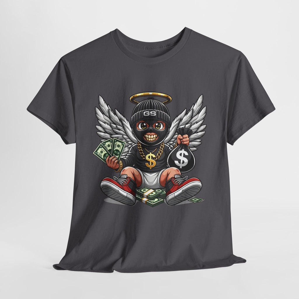 Money Angel Baby Tee — Streetwear Graphic T-Shirt with Winged Baby, Dollar Bag & Halo