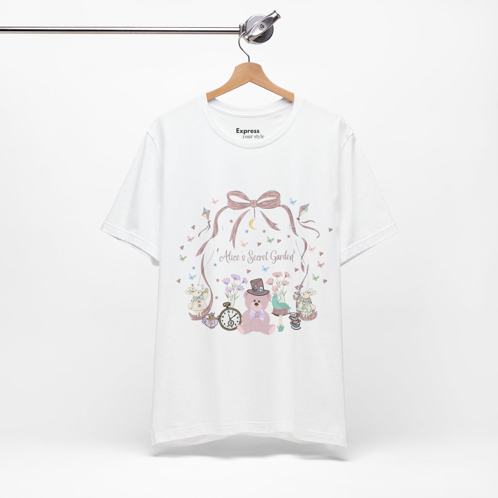 Cute Pastel Teddy Garden T‑Shirt — "Alice in Sweet Garden" Cute Vintage Teacup & Clock Design