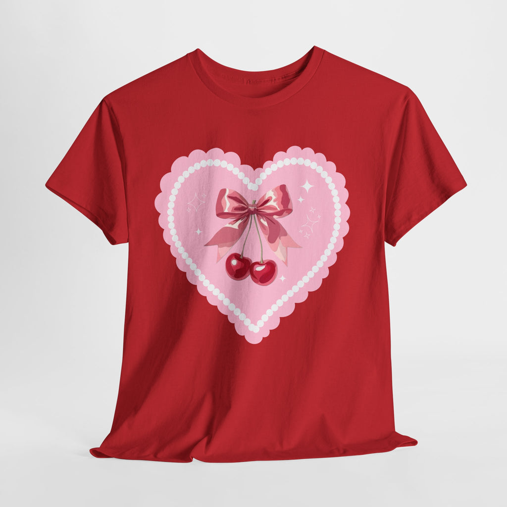 Pink Heart Cherry Graphic Tee — Cute Kawaii Valentine Shirt