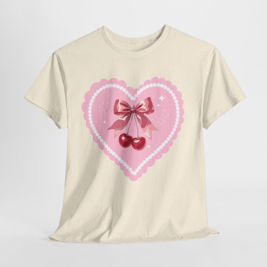 Pink Heart Cherry Graphic Tee — Cute Kawaii Valentine Shirt