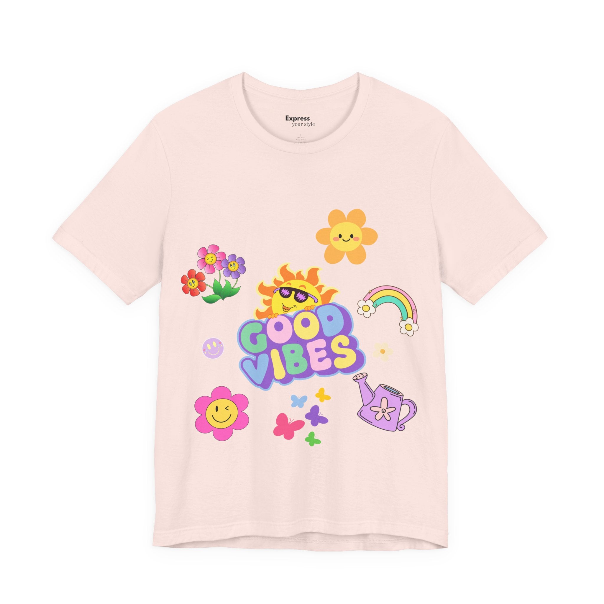 Good Vibes Floral Tee — Retro Smiley Sun & Rainbow Graphic T‑Shirt