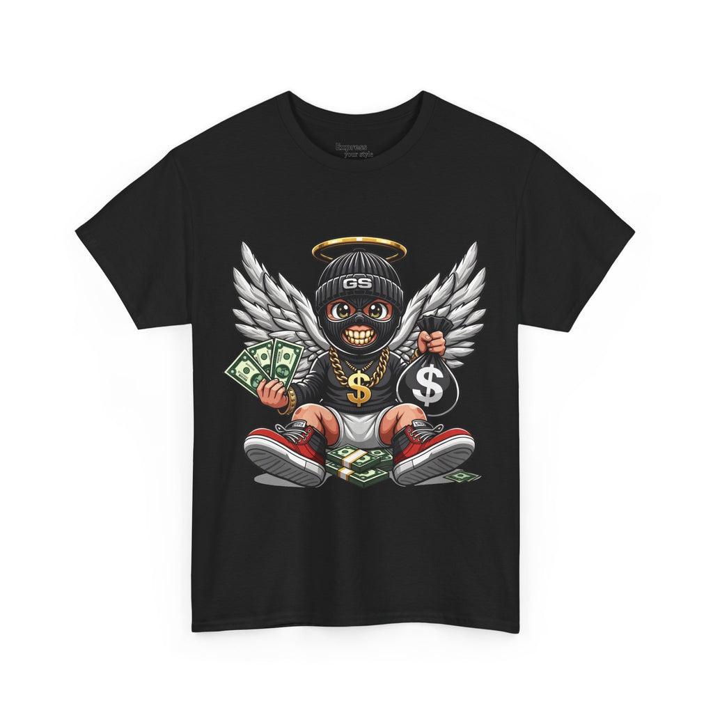 Money Angel Baby Tee — Streetwear Graphic T-Shirt with Winged Baby, Dollar Bag & Halo