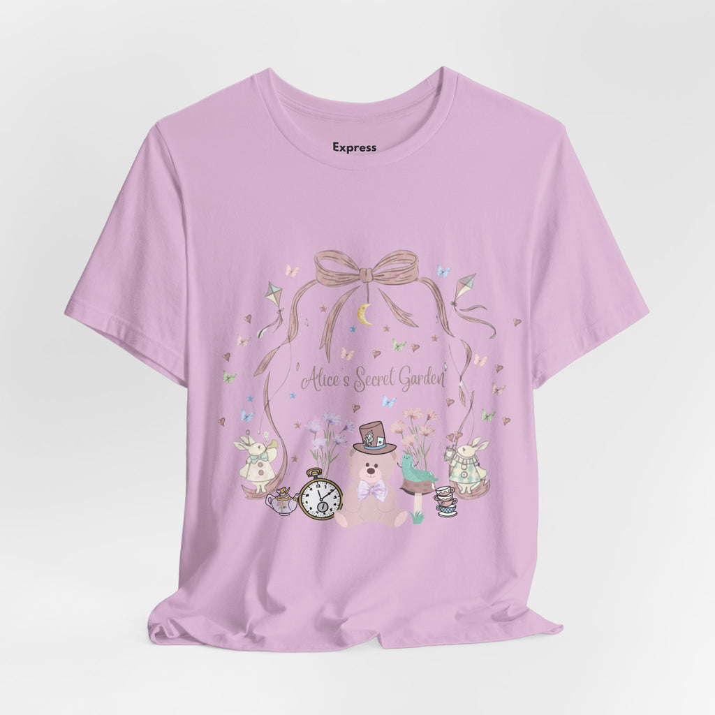Cute Pastel Teddy Garden T‑Shirt — "Alice in Sweet Garden" Cute Vintage Teacup & Clock Design