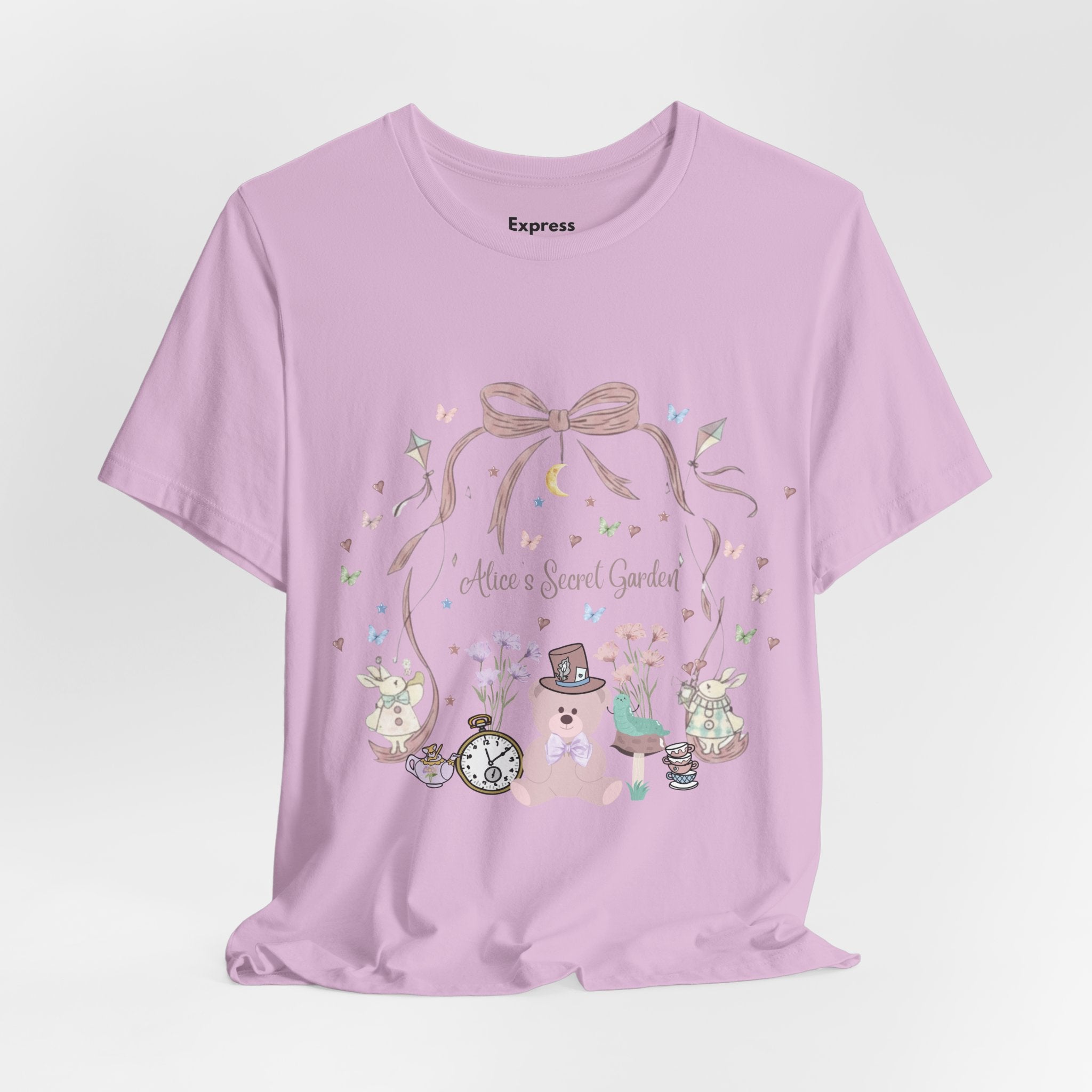 Cute Pastel Teddy Garden T‑Shirt — "Alice in Sweet Garden" Cute Vintage Teacup & Clock Design