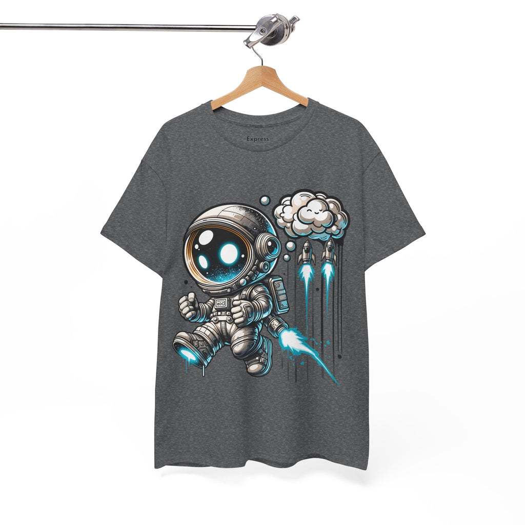 Astronaut Cartoon T-Shirt — Cute Space Explorer Tee with Jetpack & Cloud Rocket