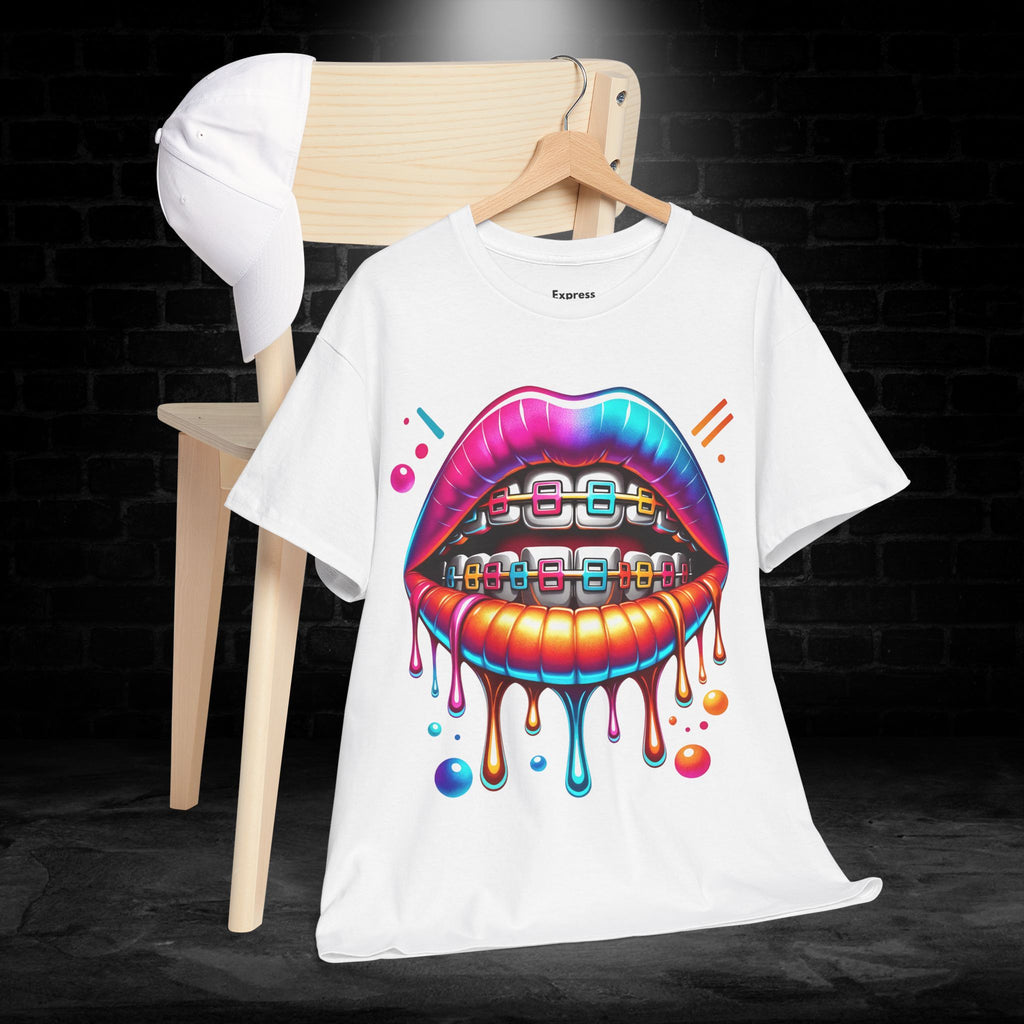 Colorful Dripping Lips Tee with Braces – Neon Pop Graphic T-Shirt