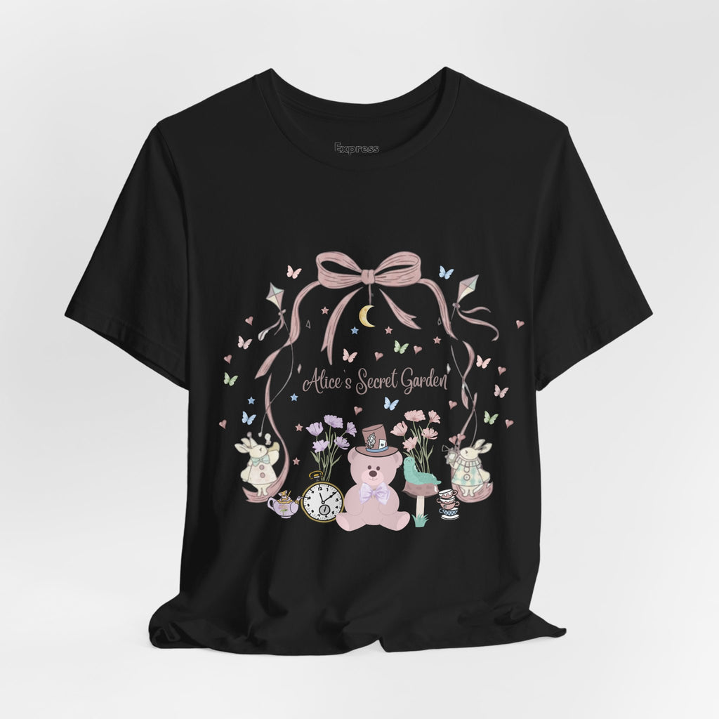 Cute Pastel Teddy Garden T‑Shirt — "Alice in Sweet Garden" Cute Vintage Teacup & Clock Design