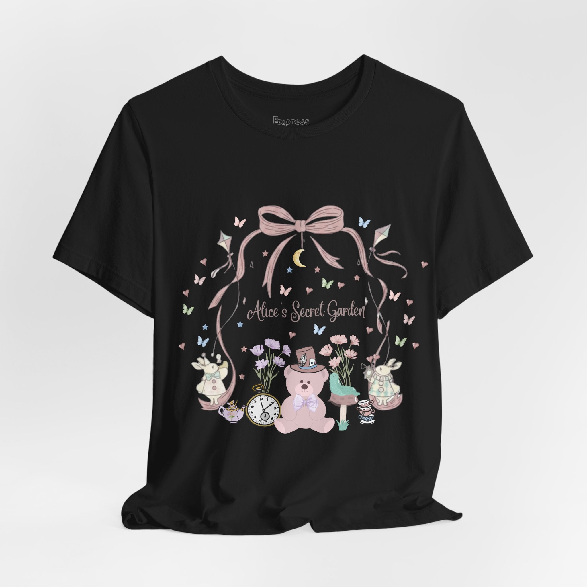 Cute Pastel Teddy Garden T‑Shirt — "Alice in Sweet Garden" Cute Vintage Teacup & Clock Design