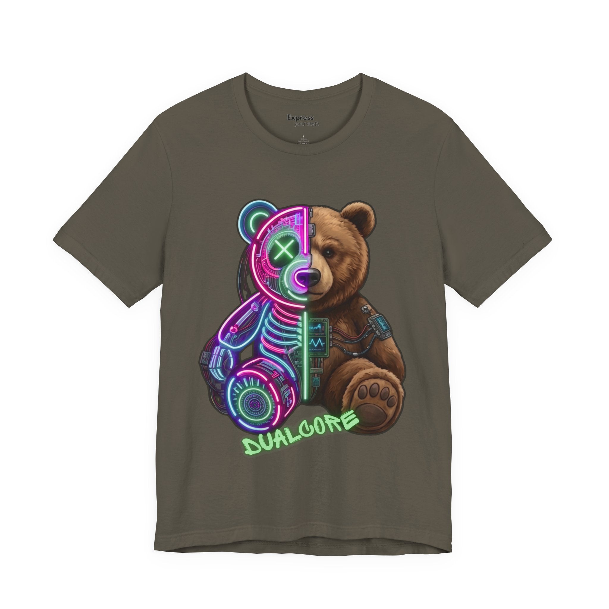 Dualcore Teddy T‑Shirt — Neon Cyberpunk Bear Graphic Tee