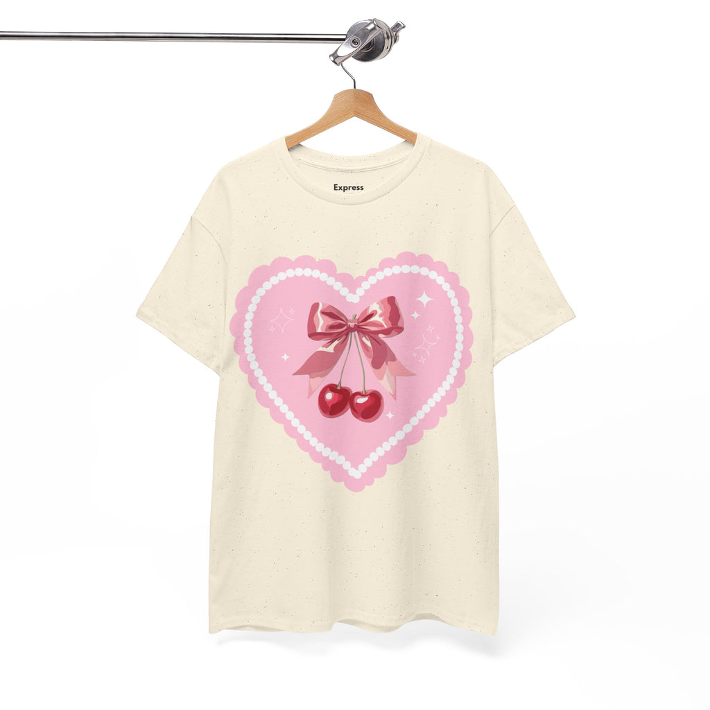 Pink Heart Cherry Graphic Tee — Cute Kawaii Valentine Shirt