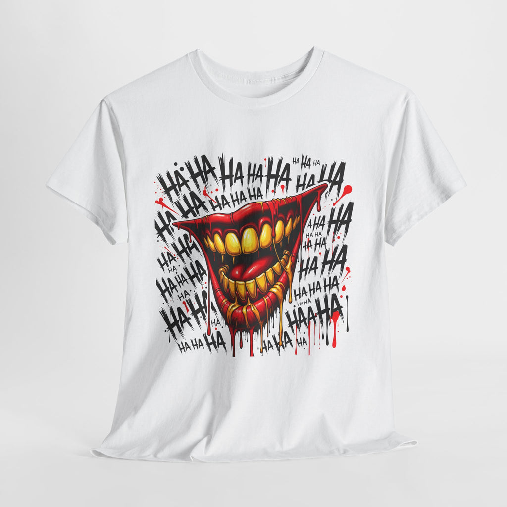 Laughing Mouth Graphic Tee — Horror Joker 'HA HA' Dripping Smile T-Shirt