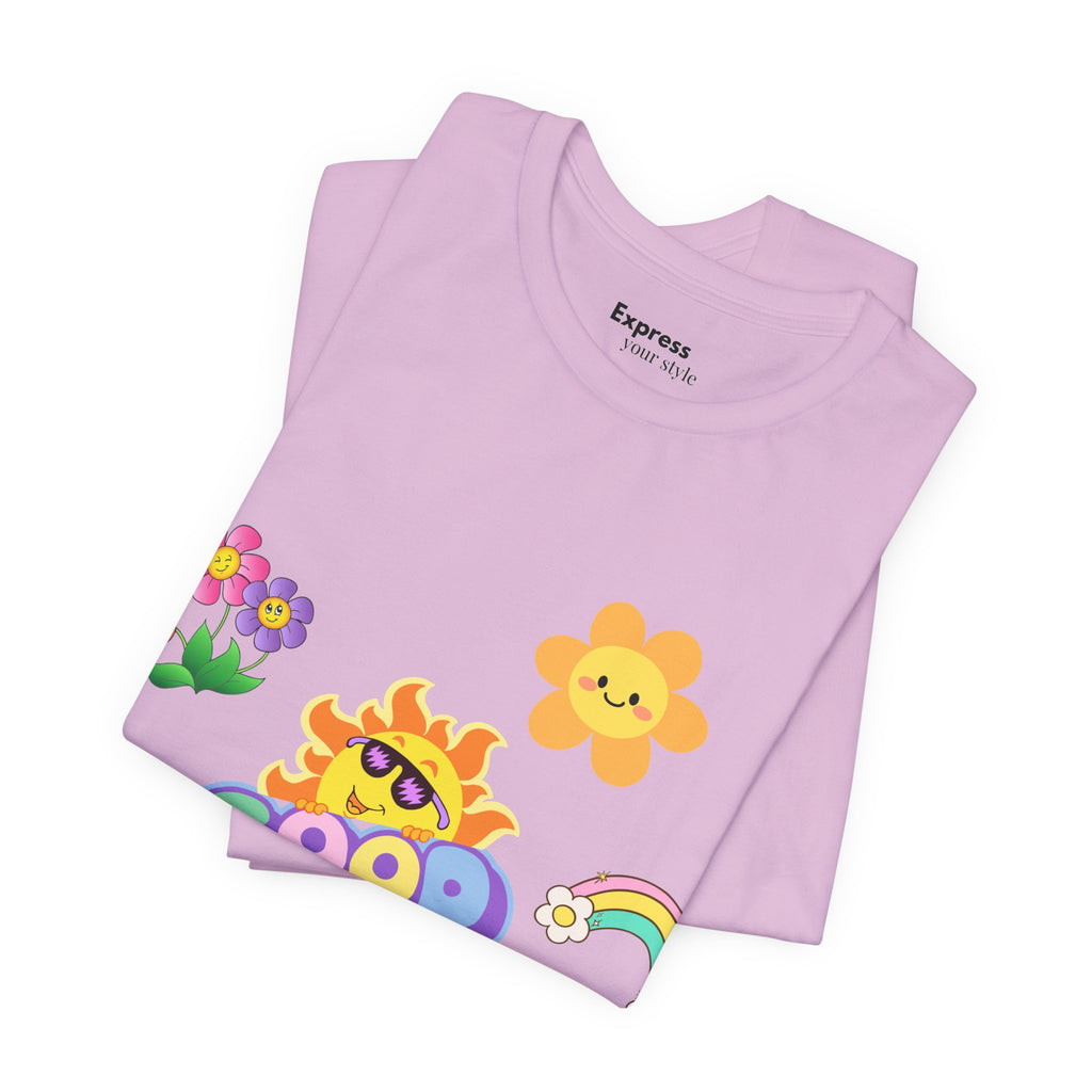 Good Vibes Floral Tee — Retro Smiley Sun & Rainbow Graphic T‑Shirt