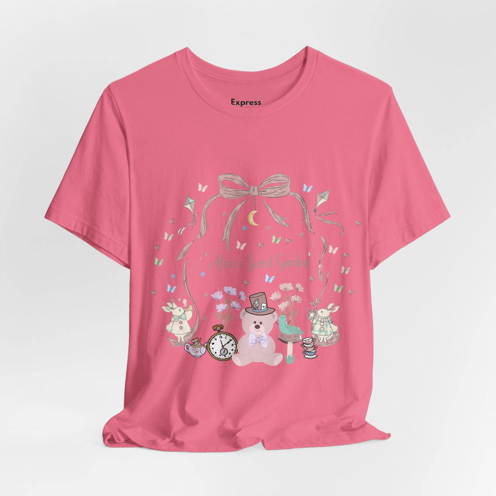 Cute Pastel Teddy Garden T‑Shirt — "Alice in Sweet Garden" Cute Vintage Teacup & Clock Design