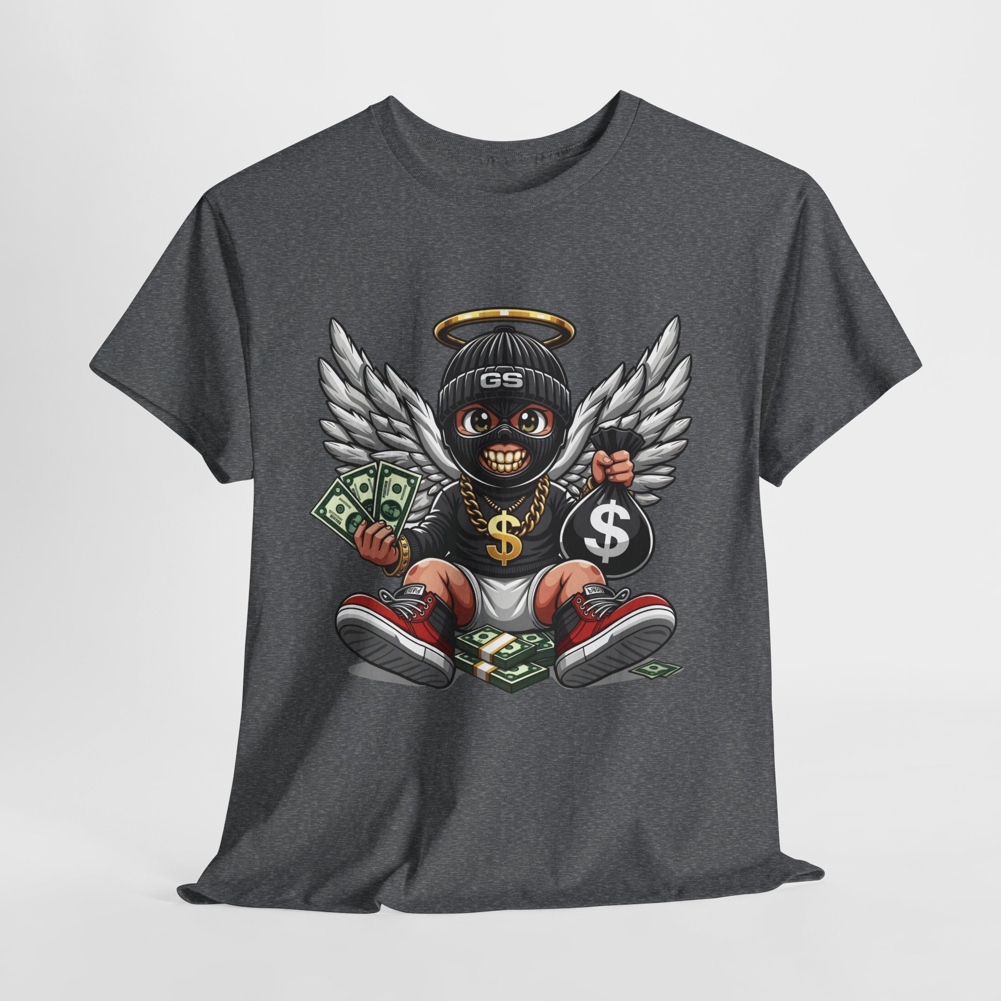 Money Angel Baby Tee — Streetwear Graphic T-Shirt with Winged Baby, Dollar Bag & Halo